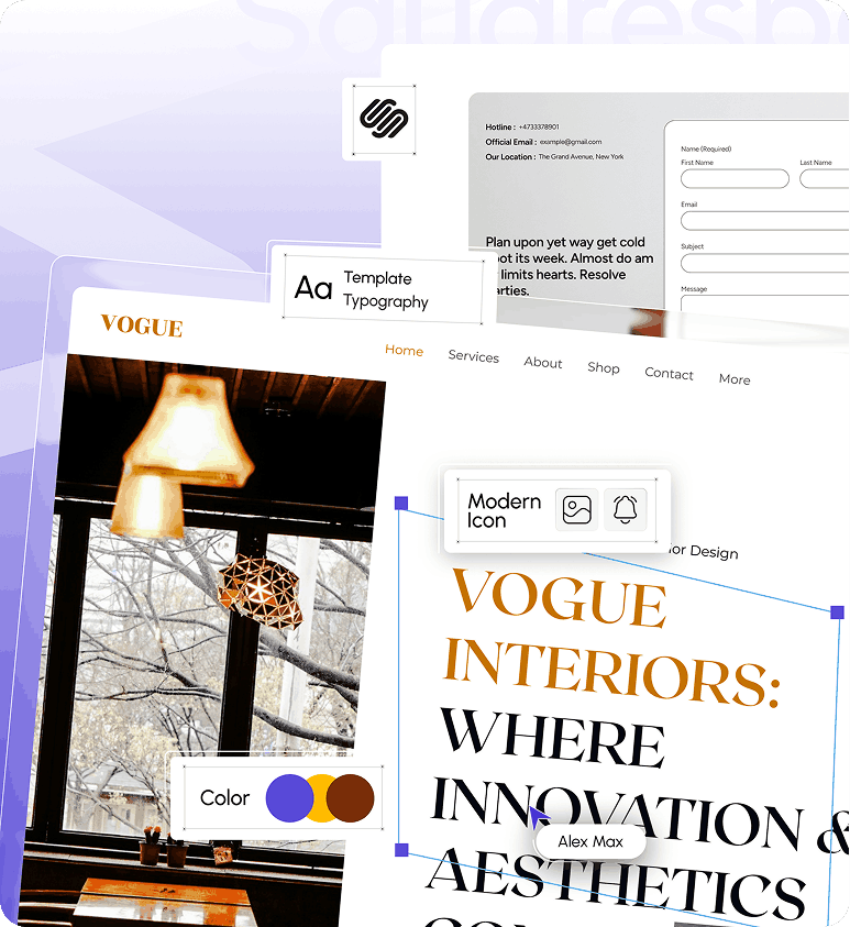 Multiple overlapping digital design templates, including magazine layout, contact form, and icon design for Vogue Interiors, featuring images of interior lighting and color options.