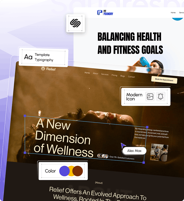 A collage of website design templates with headings like "Balancing Health and Fitness Goals" and "A New Dimension of Wellness." The image includes icons, text boxes, and color options, indicating a focus on wellness, fitness, and modern web design.