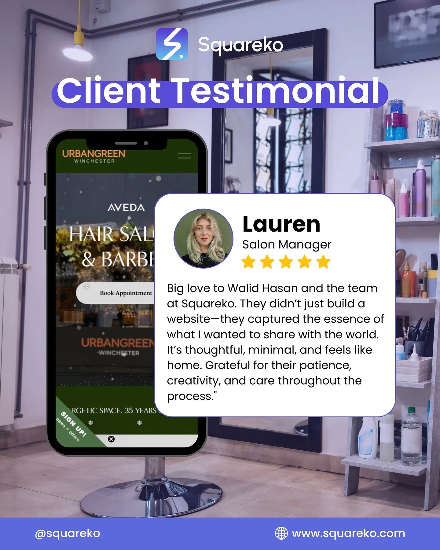 ✨ Client Love That Speaks for Itself ✨

Big love to Lauren, Salon Manager at Urban Green Winchester, for trusting Squareko with her brand&rsquo;s online presence. 💙

We didn&rsquo;t just design a website &mdash;
we captured the feeling, the vibe, an