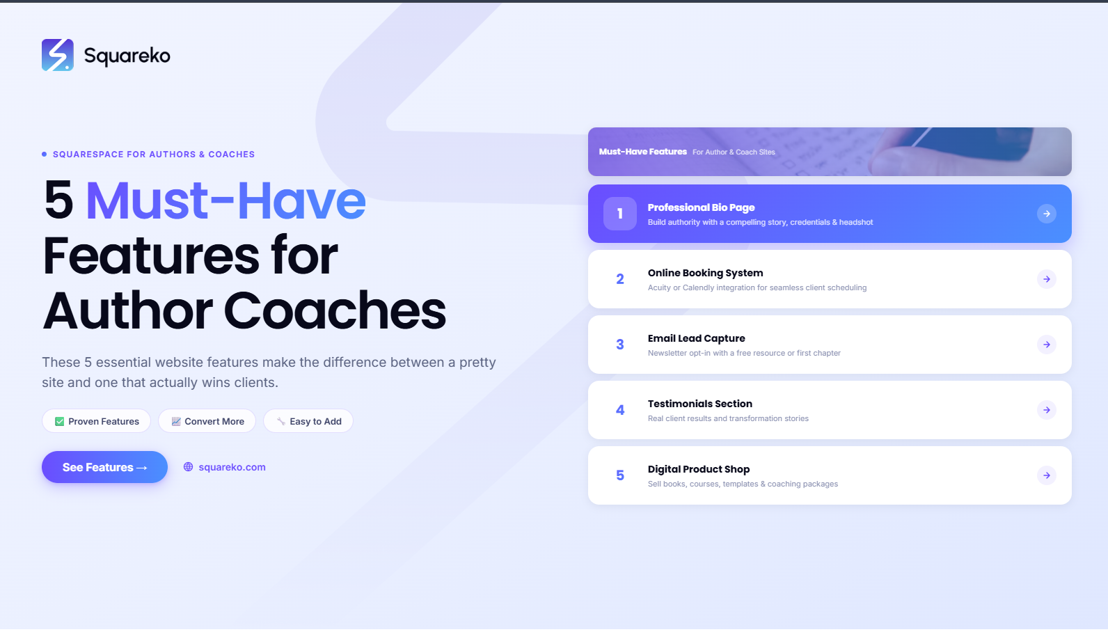 5 Must-Have Features for Author and Coach Websites on Squarespace