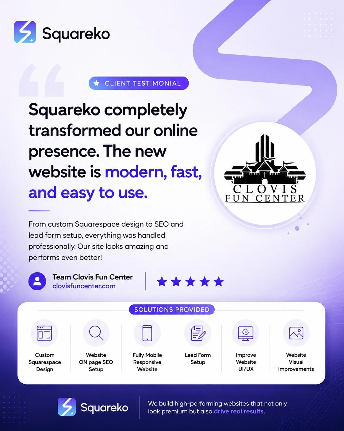 Squareko completely transformed our online presence. The new website is modern, fast, and easy to use&hellip; our site looks amazing and performs even better! ⭐⭐⭐⭐⭐

&mdash; Team Clovis Fun Center

After 27 years of bringing FUN to families since 199