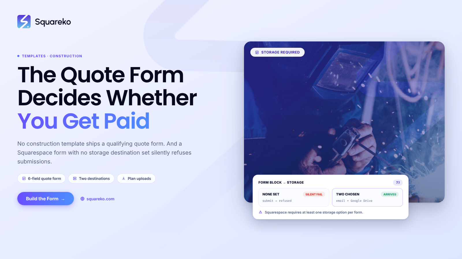 Construction Squarespace Templates: Projects, Trust and Quote Forms