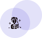 Two overlapping purple circles with a black dice icon displaying a question mark in the center.