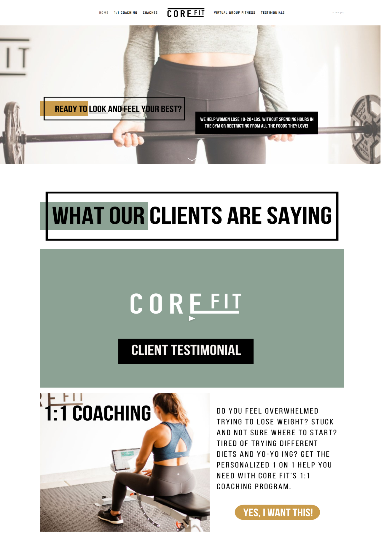 CoreFit website with text about fitness coaching and weight loss, featuring images of women exercising and information on 1:1 coaching programs.