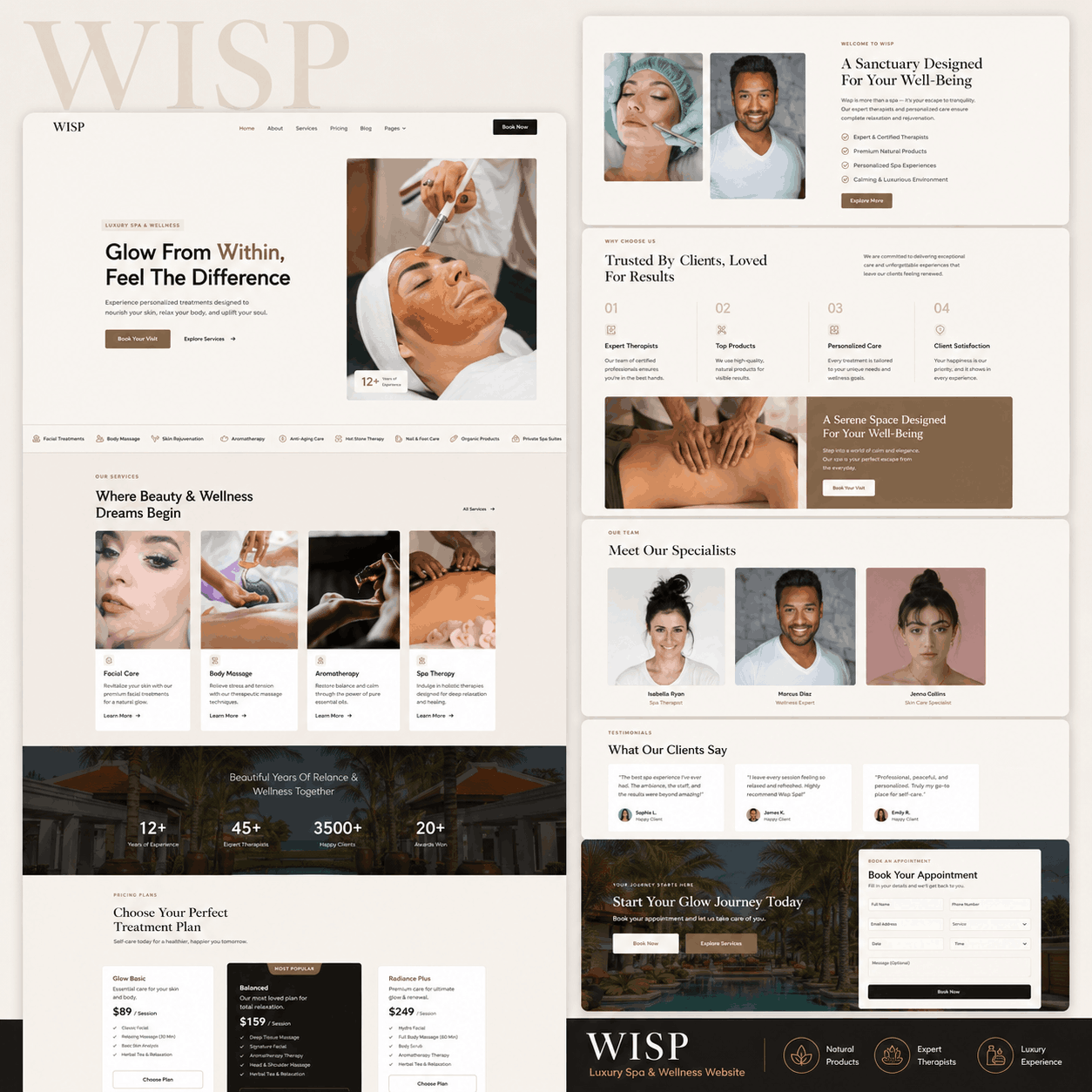 Wedding photography website featuring a couple embracing in a scenic landscape, accompanied by text and images of photographers and a photo album.