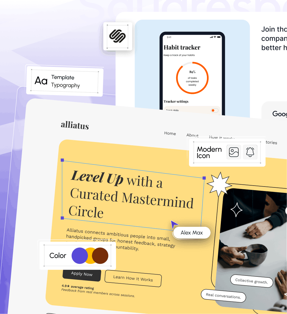 Screenshot of a digital interface showing a habit tracker app on a mobile device, with a progress percentage, and another webpage titled 'Level Up with a Curated Mastermind Circle' displaying text, color options, and an apply button.