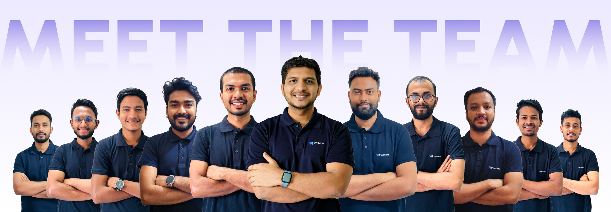 A diverse group of ten team members standing side by side with arms crossed, wearing navy blue polo shirts with the Webef logo, against a background with light purple text that says 'Meet the Team'.