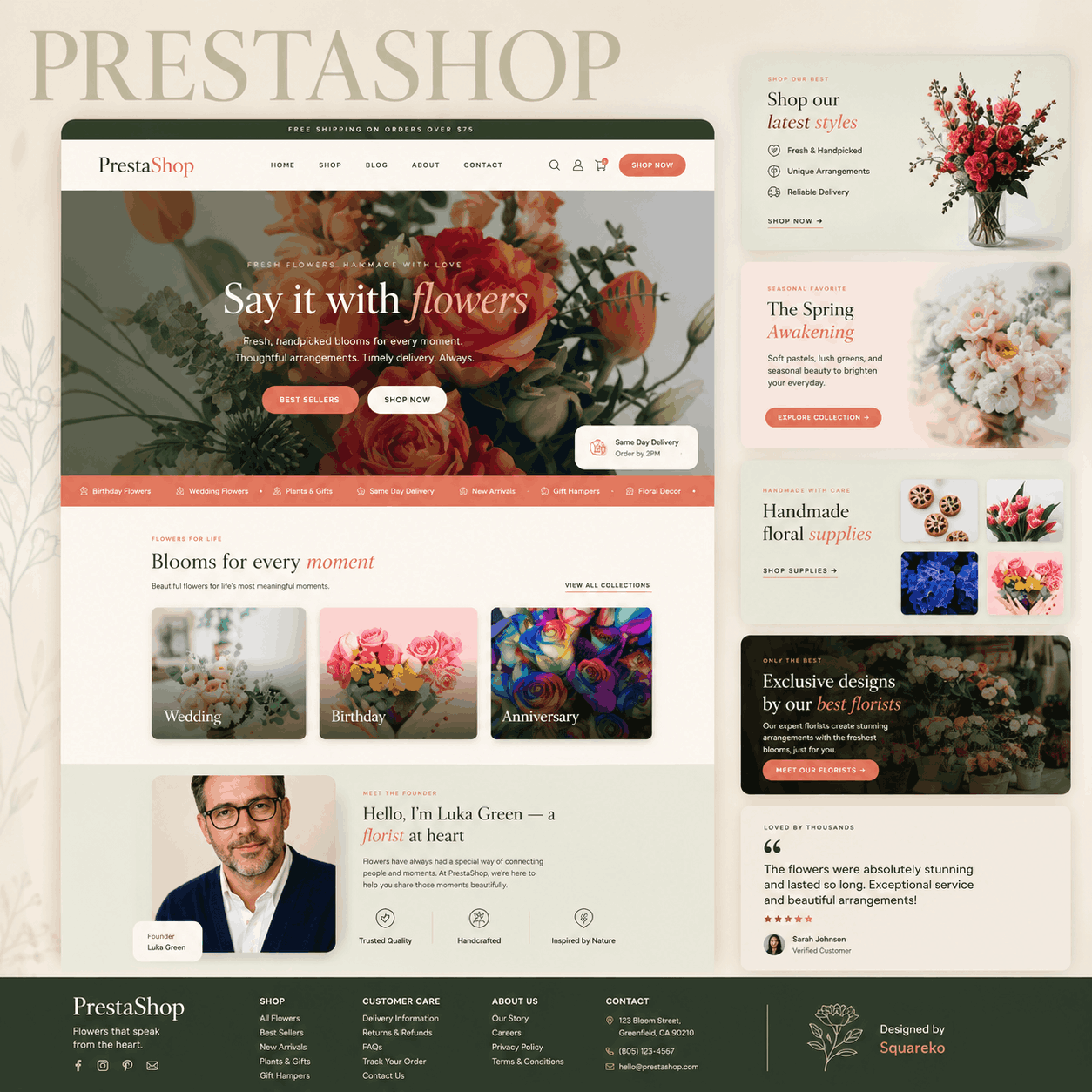 Wedding photography website featuring a couple embracing in a scenic landscape, accompanied by text and images of photographers and a photo album.