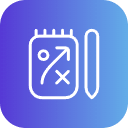 Icon of a calculator with a percentage sign, arrow pointing to the right, and mathematical symbols on a blue background