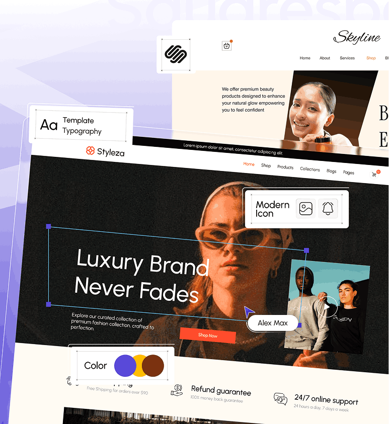 Screenshot of a website homepage featuring a luxury fashion brand. Includes a large image of a woman wearing sunglasses, navigation menu, icons for modern features, and promotional text about the brand's collection and support services.