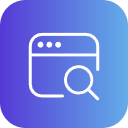 Magnifying glass icon over a web browser window.