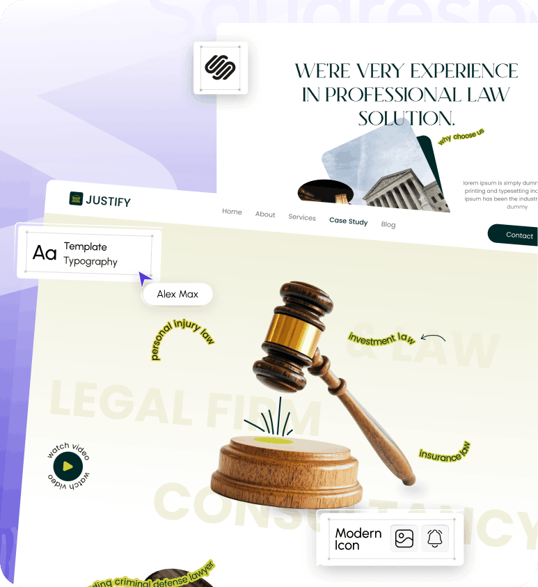 Web page featuring a gavel and legal themes, with text about professional law solutions and menu options including Home, About, Services, Case Study, Blog, and Contact.