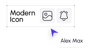 A user interface showing a label 'Modern Icon' with two icons: a mountain landscape and a bell, and a cursor labeled 'Alex Max' pointing at the icons.