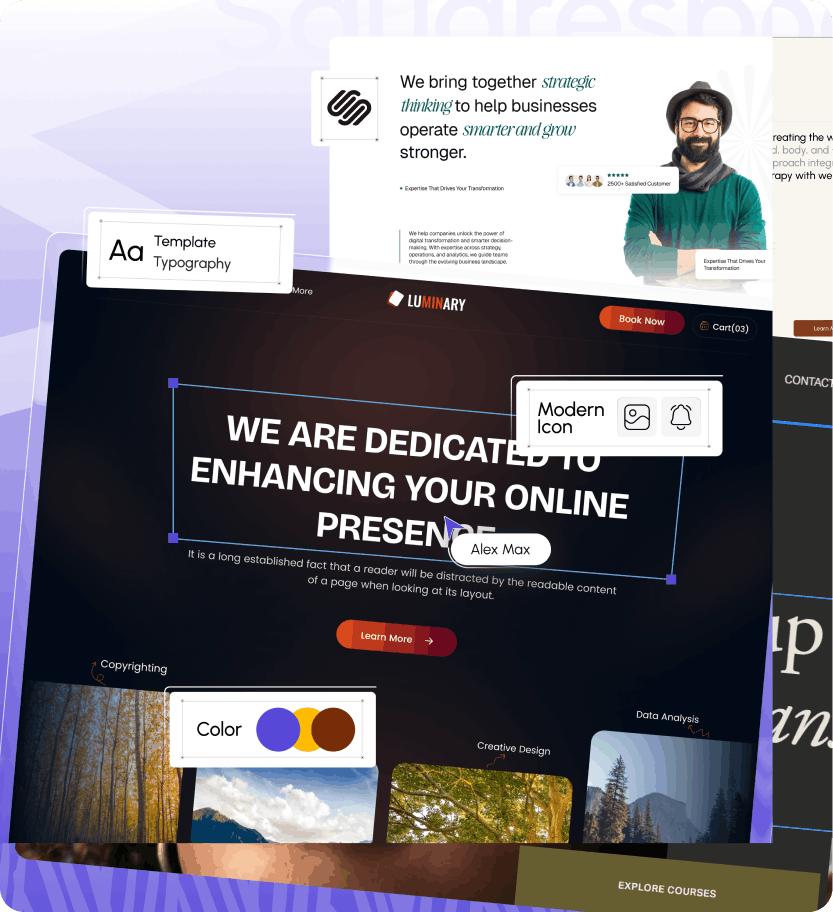 Screenshot of a website or presentation slide with various annotations: a typography template, a modern icon, a color palette, and a person with glasses and a beard in the background. The main text says, "WE ARE DEDICATED TO ENHANCING YOUR ONLINE PRESENCE."