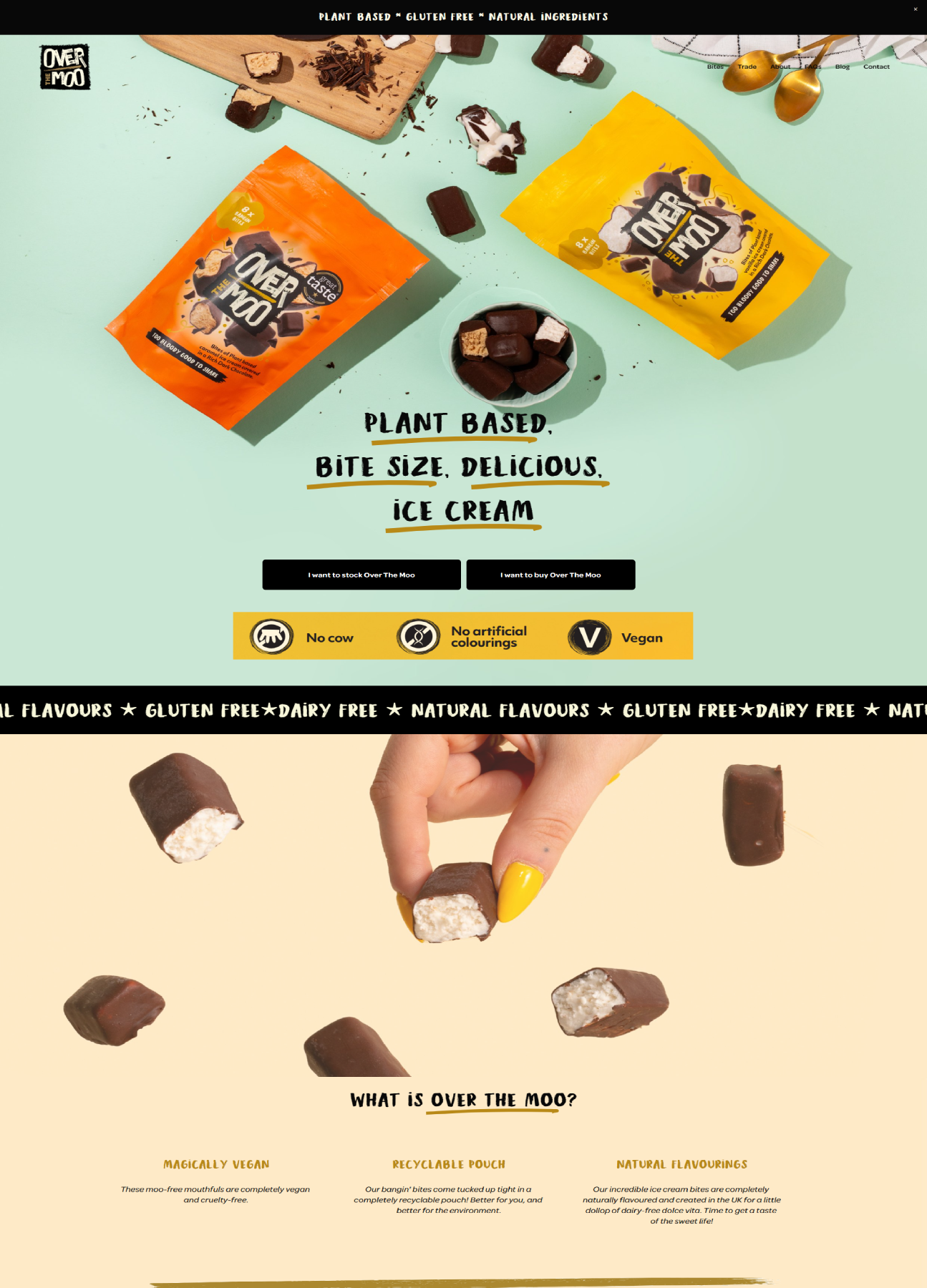 Over The Moo plant-based ice cream packaging and bites on a green surface with marketing text about being vegan, gluten-free, and eco-friendly.