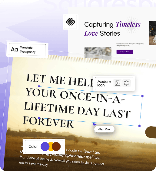 A screenshot of a website or design project with various text elements, icons, and color swatches, including a prominent quote about love and a template typography label.