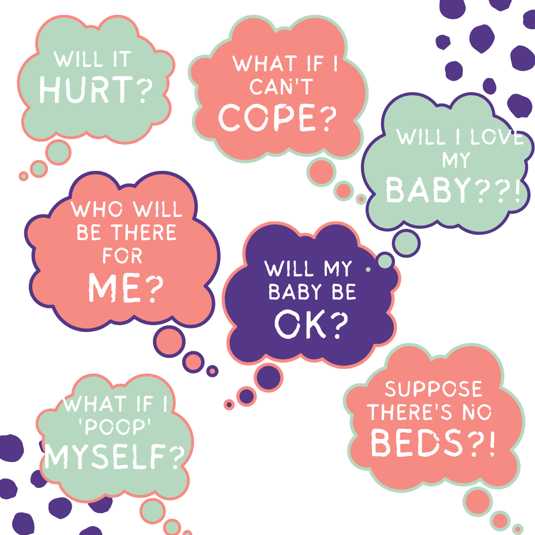 Image demonstrating the 'what if' sort of questions that arise in the mind creating fear around birth - eg "will it hurt" "what if I can't cope" In Fear Free Mama Brand colours
