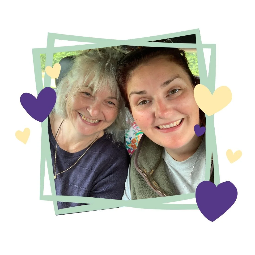 Image of Annie and her daughter Jess within a frame with Fear Free Mama brand colours