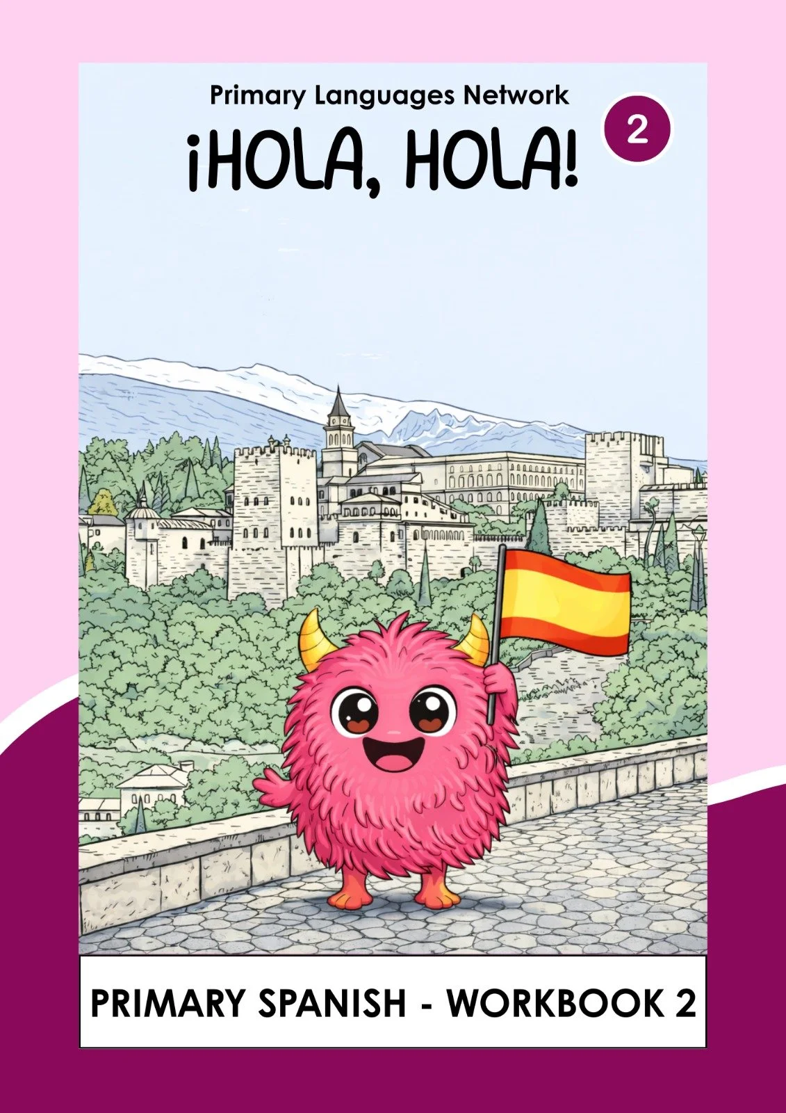 A colorful cartoon monster holding a Spanish flag, standing on a cobblestone path with a castle and mountains in the background.