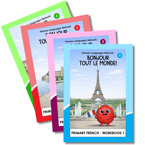 Four colorful educational workbooks titled 'Primary Languages Network,' with the first one featuring an image of the Eiffel Tower and a cartoon red furry creature, indicating they are related to learning French.