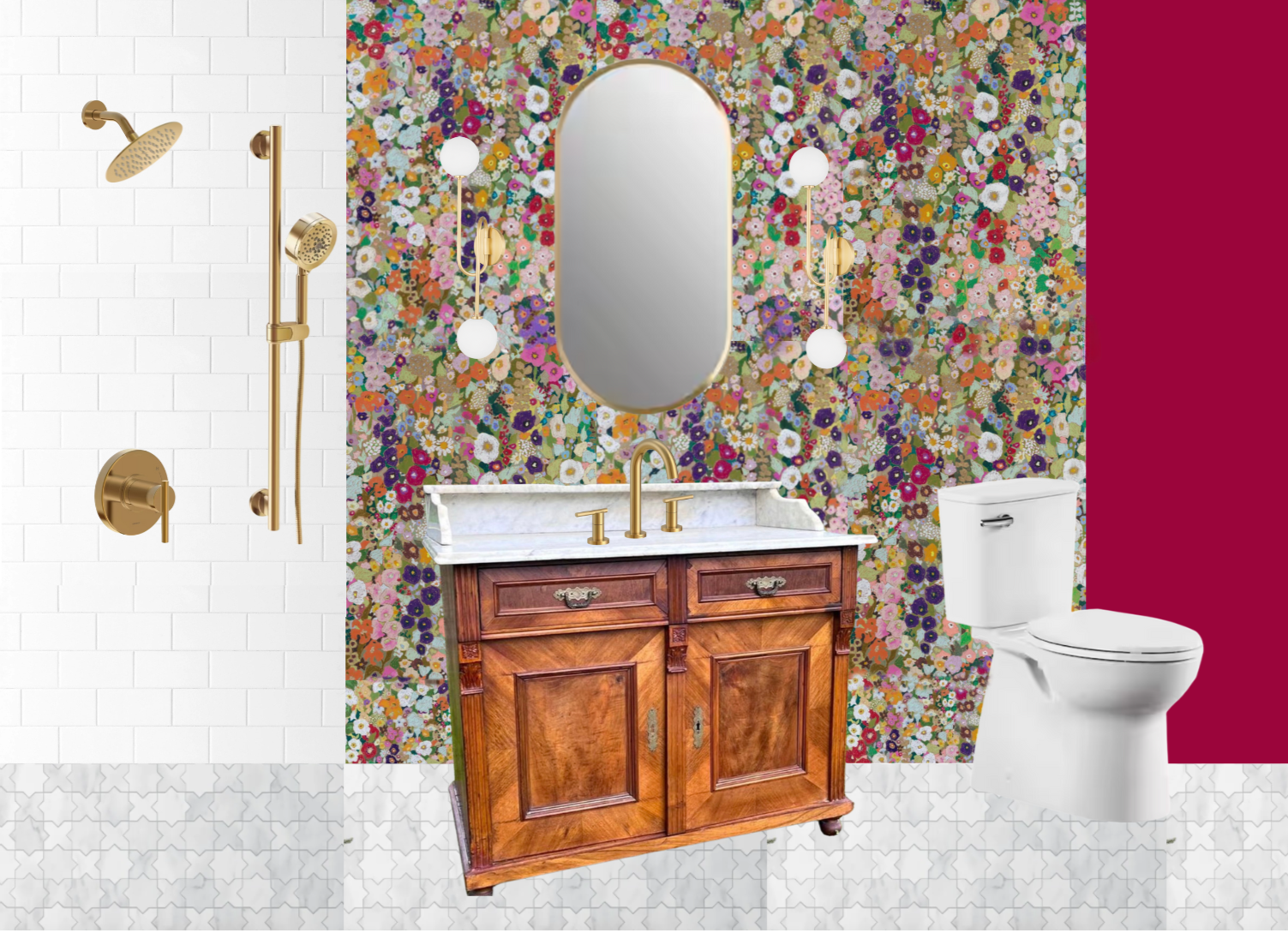 A bathroom with a colorful floral wallpaper behind a wooden vanity with a marble countertop and an oval mirror, gold fixtures, a white toilet, and a section of white tiled shower with gold fixtures.