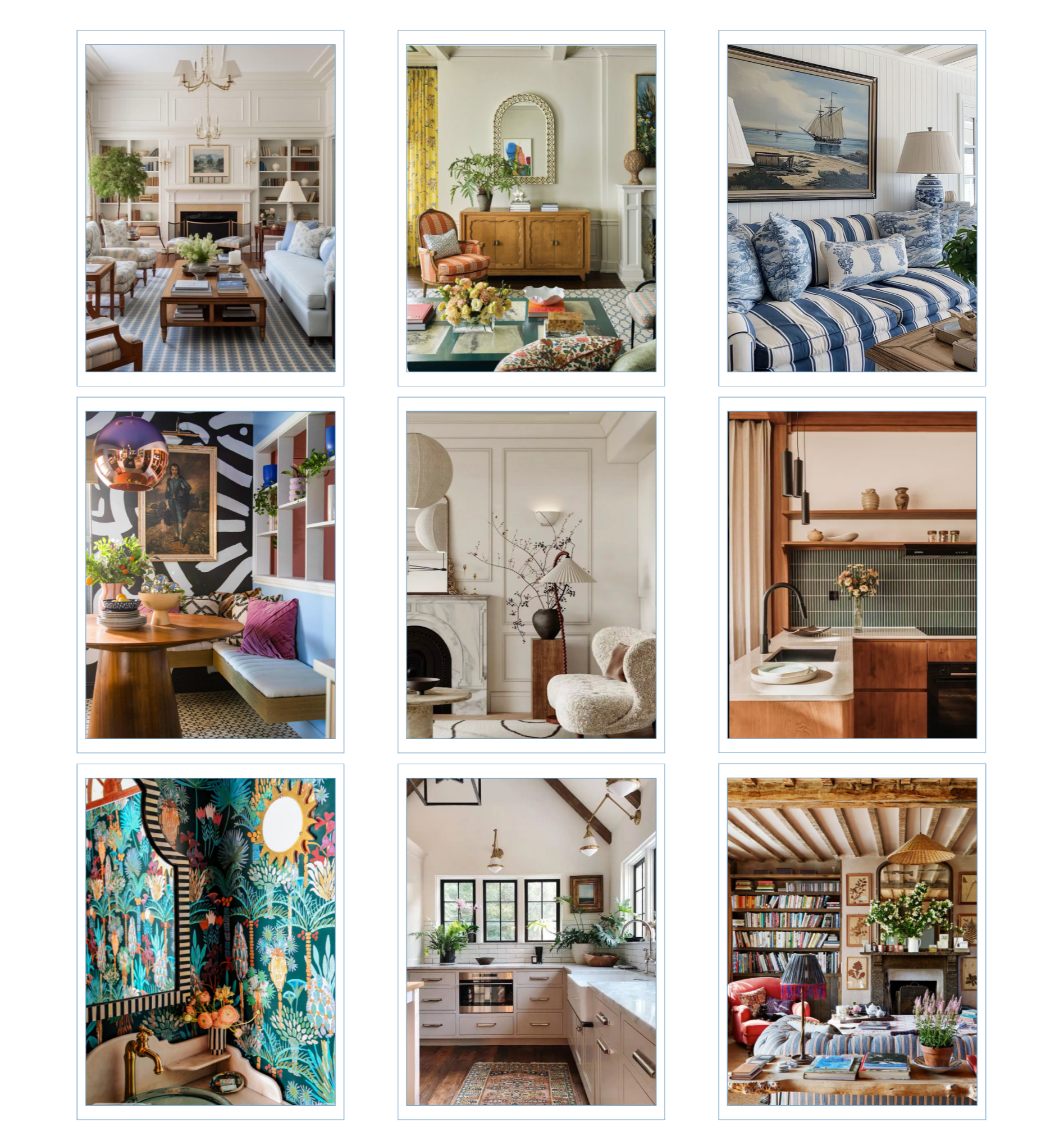 A collage of nine interior room images featuring living rooms, kitchens, and dining areas with various decor styles.