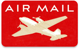 Red air mail label with a white airplane graphic and the words 'AIR MAIL' at the top.