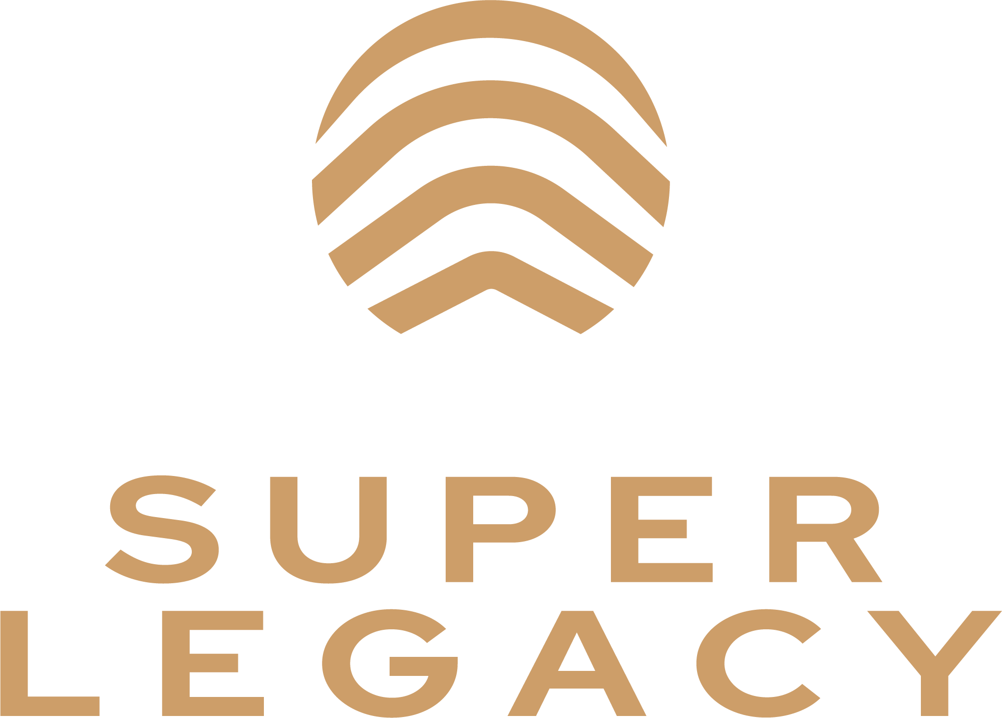 A black background with a styled logo of a globe made of five brown wavy lines. Below the logo, the text says "Super Legacy" in bold, tan-colored letters.