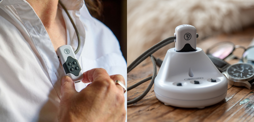 TinniSoothe wearable sound therapy device and bedside dock