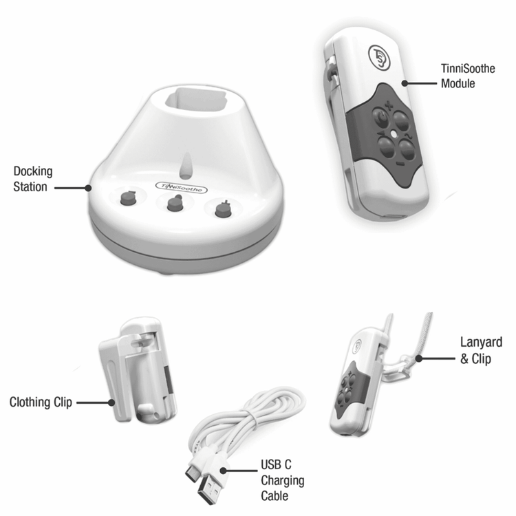TinniSoothe wearable module, docking station, clothing clip, lanyard and USB C charging cable