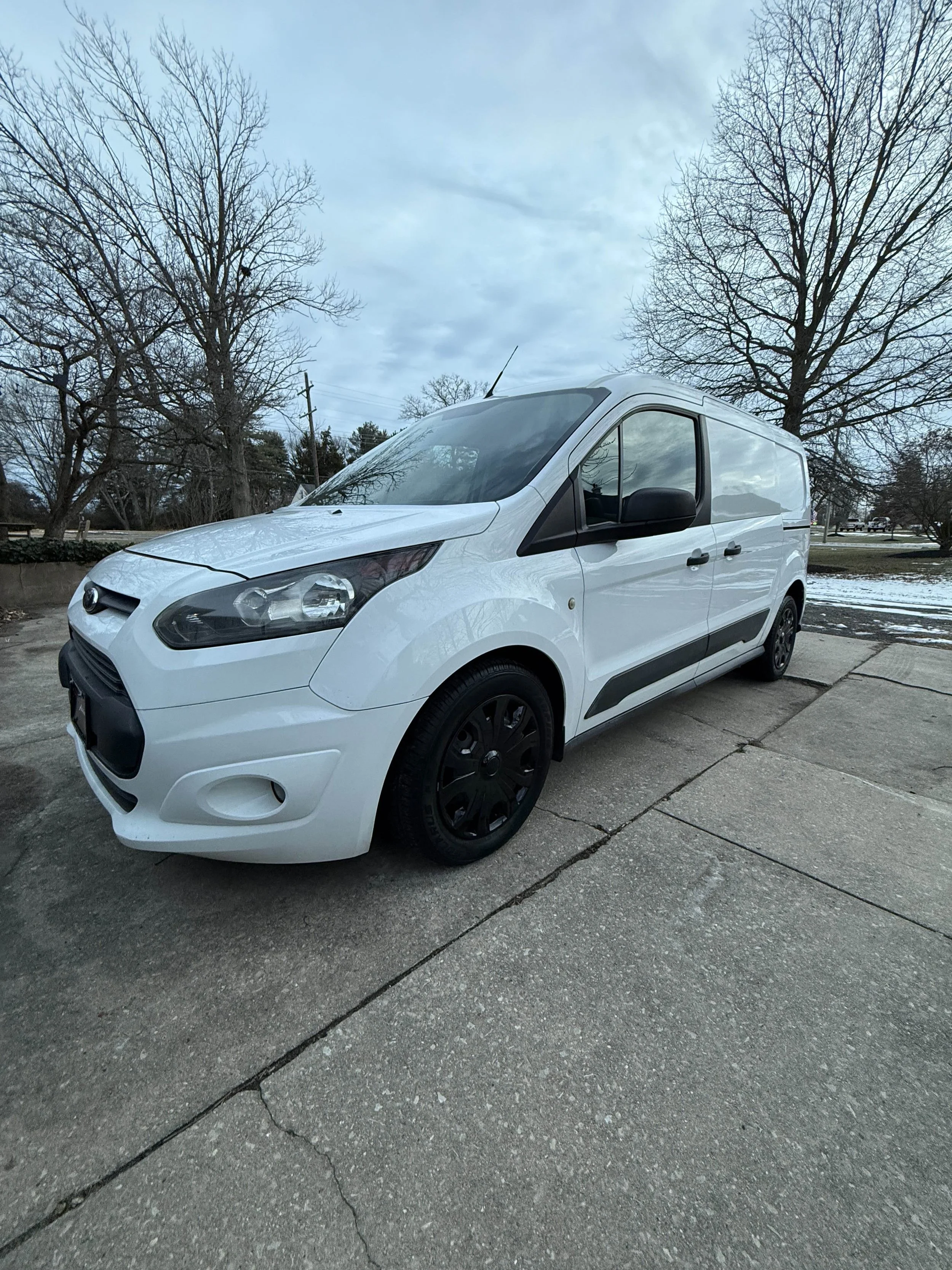 A white Ford commercial van parked on a concrete driveway with leafless trees and a cloudy sky in the background.