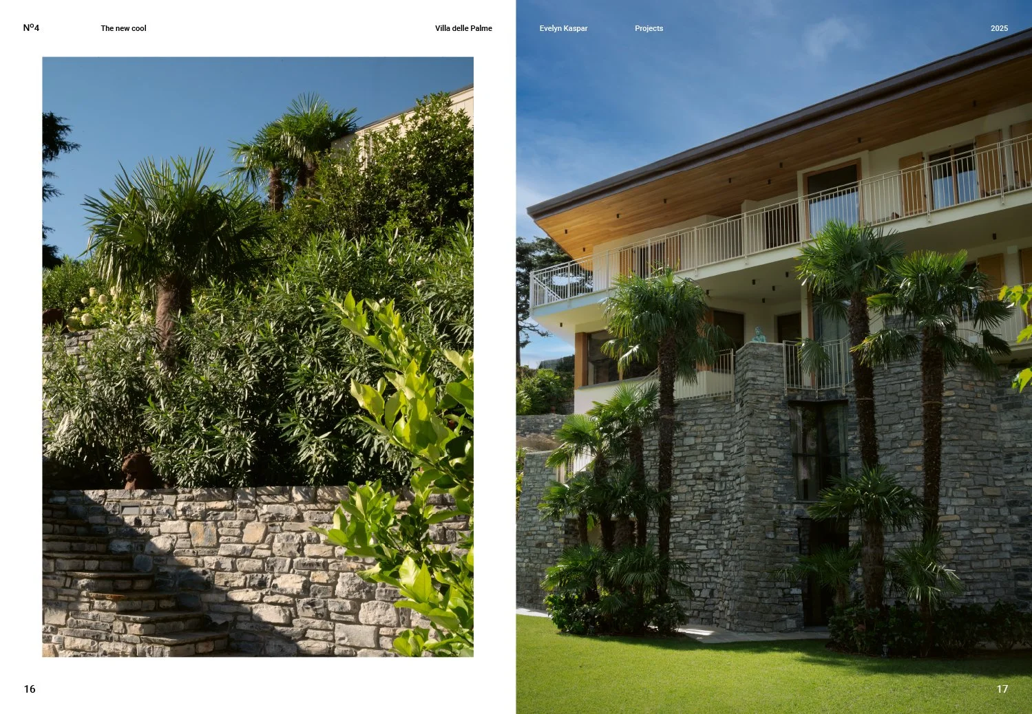 Side-by-side images of a modern house with tropical landscaping. The left image shows lush green trees, including palm trees, and stone steps leading up a garden wall. The right image shows the house's exterior with large balconies, beige walls, and 