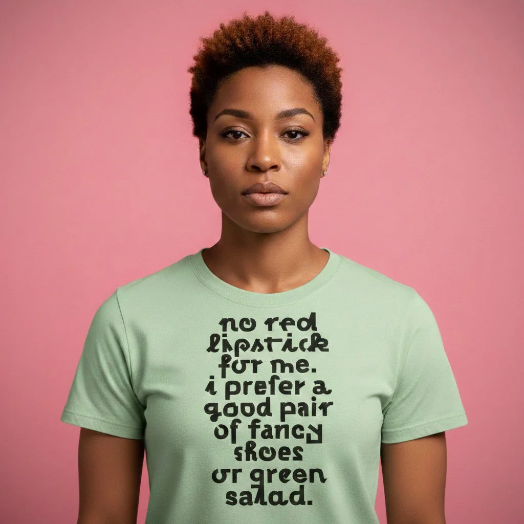 A woman with short curly hair wearing a light green T-shirt with black text that reads, "no red lipstick for me. I prefer a good pair of fancy shoes or green salad," standing against a pink background.
