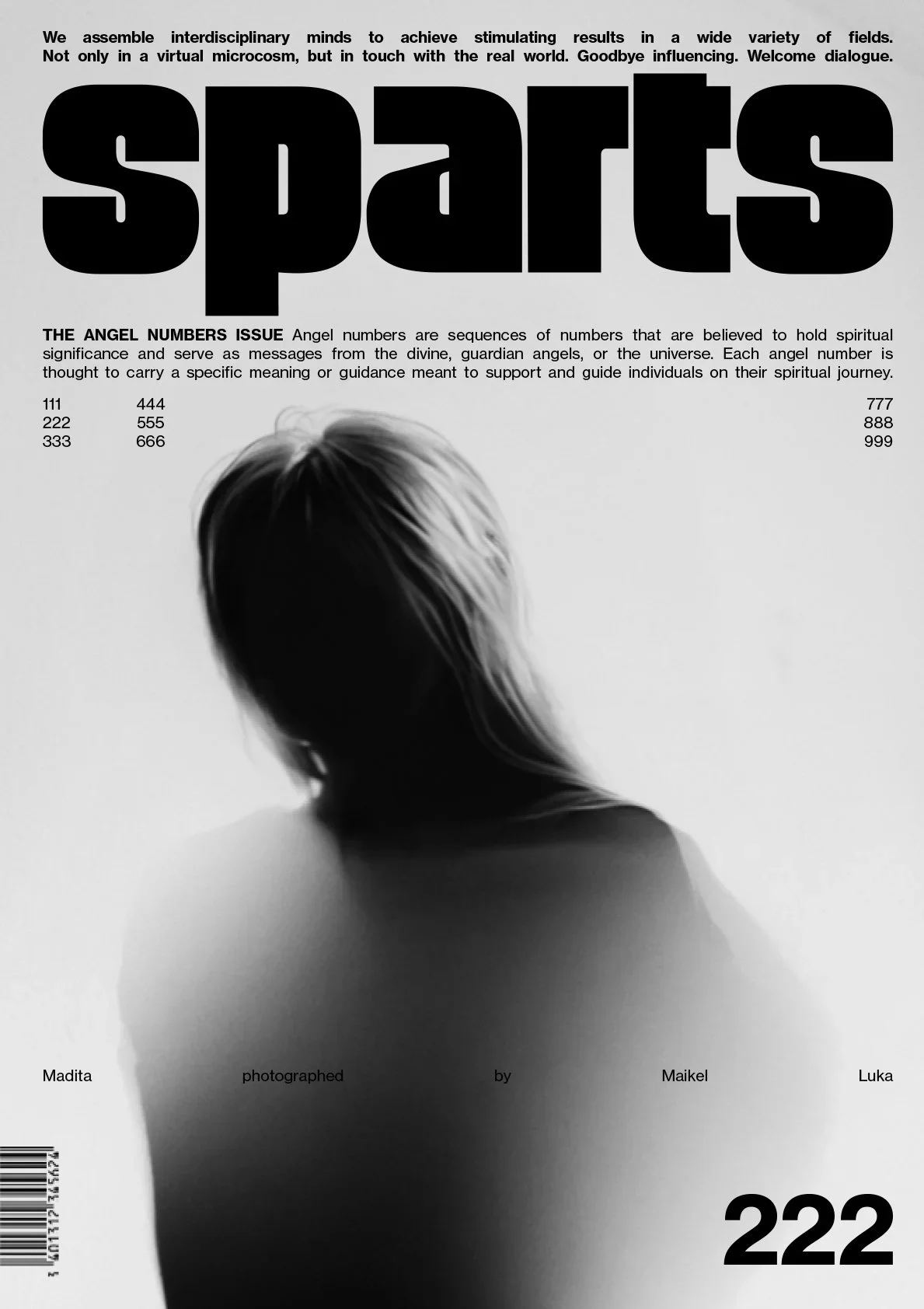 Cover of a magazine titled 'sports,' featuring a black and white photo of a person's back with shoulder-length hair, and various texts including angel numbers, credits, and headlines.