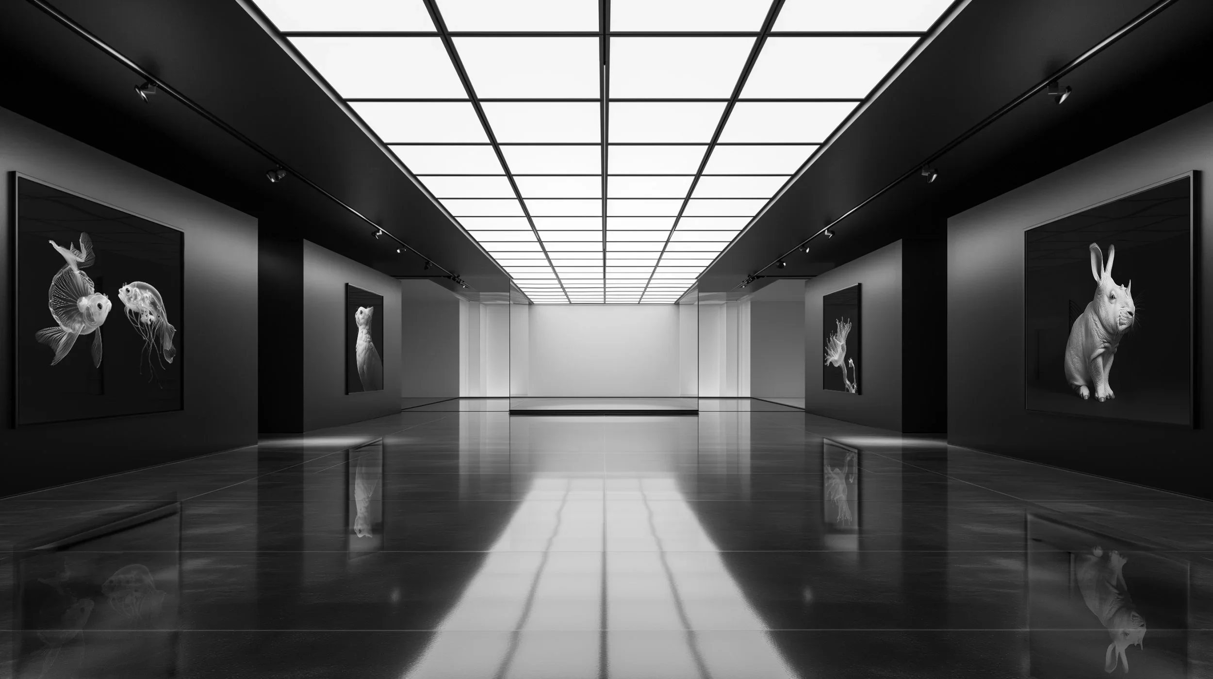 A modern art gallery with black walls, featuring framed animal artwork, including a fish, a rabbit, and a frog, illuminated by a large, grid-patterned ceiling light.