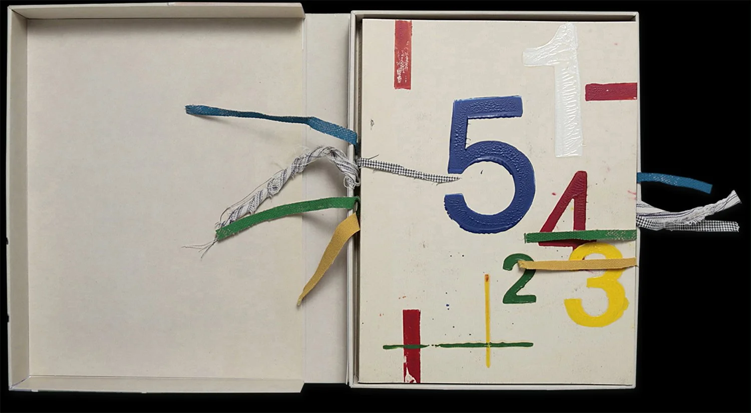 Reisebuch 1-5, 254 pages, edition of 425.
Illustrated wraps, each unique, hand-stamped by the artist using acrylic ink and custom-designed rubber stamps. Spine hand-stenciled by the artist; binding threads are hand-painted by the artist. Encased in a