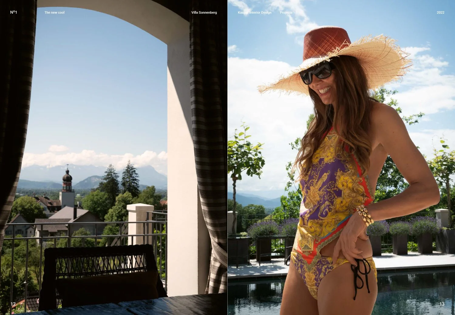 A split image showing a view from a room balcony on the left and a woman in a swimsuit with a large sun hat on the right. The balcony view includes mountains, trees, houses, and a church steeple under a partly cloudy sky. The woman is smiling, wearin