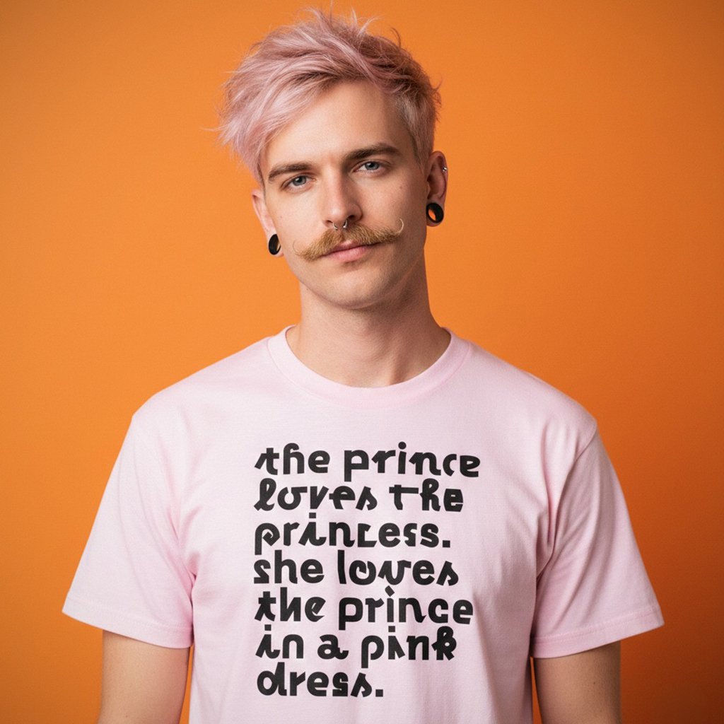 A young man with pink hair, piercings, and a mustache wearing a pink T-shirt with the text "the prince loves the princess. she loves the prince in a pink dress" printed on it, standing against an orange background.