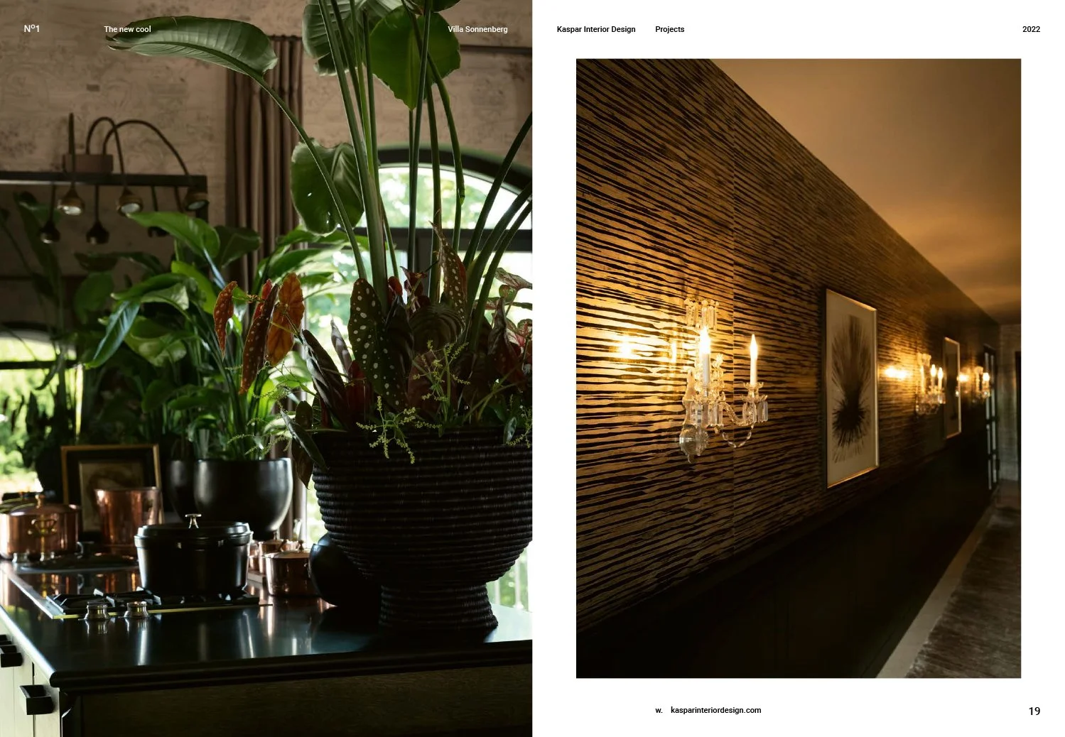 Interior design magazine spread with photos of a lush green houseplant in a dark ceramic pot on a kitchen counter, and a hallway with a textured wooden wall, framed artwork, and wall-mounted crystal chandeliers.