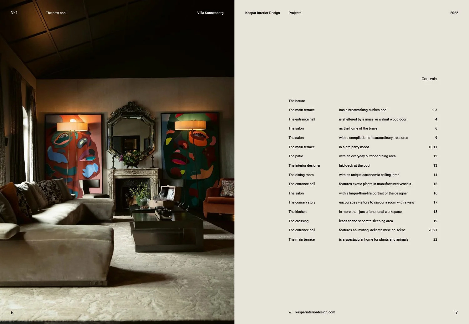 Living room with a beige sectional sofa, coffee table, two large colorful abstract portrait paintings, a mirror above a marble fireplace, and various decorative items.