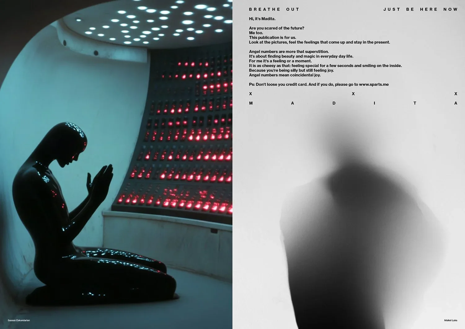 Image of a black, shiny sculpture of a woman kneeling in a prayer pose with her hands together, looking downward. The background features a curved wall with a display of small red lights arranged in a grid pattern. The lighting emphasizes the reflect
