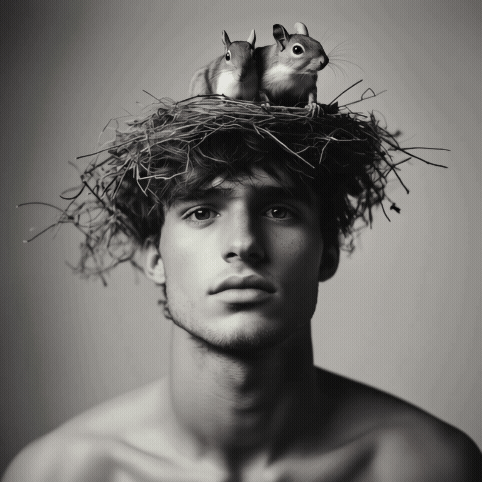 A young man with a large bird's nest on his head, containing two squirrels. The photo is in black and white.