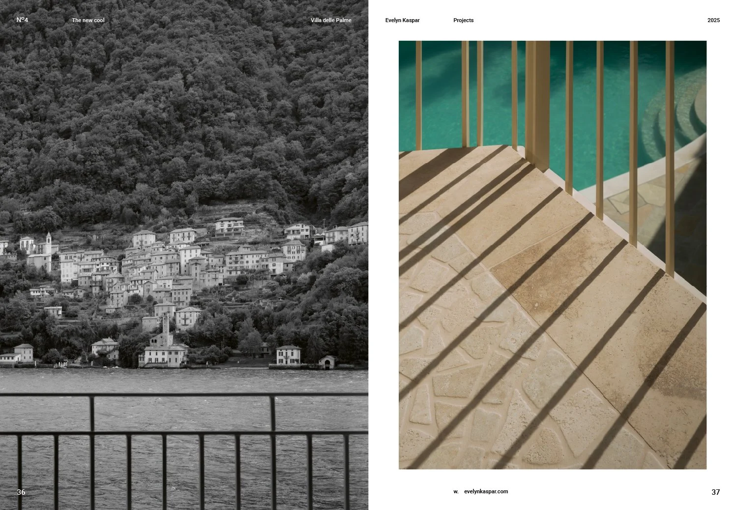 Side-by-side images: on the left, a black-and-white photo of a hillside town with many houses and a body of water in the foreground. on the right, a close-up of a balcony railing casting long shadows on a tiled floor near a swimming pool.