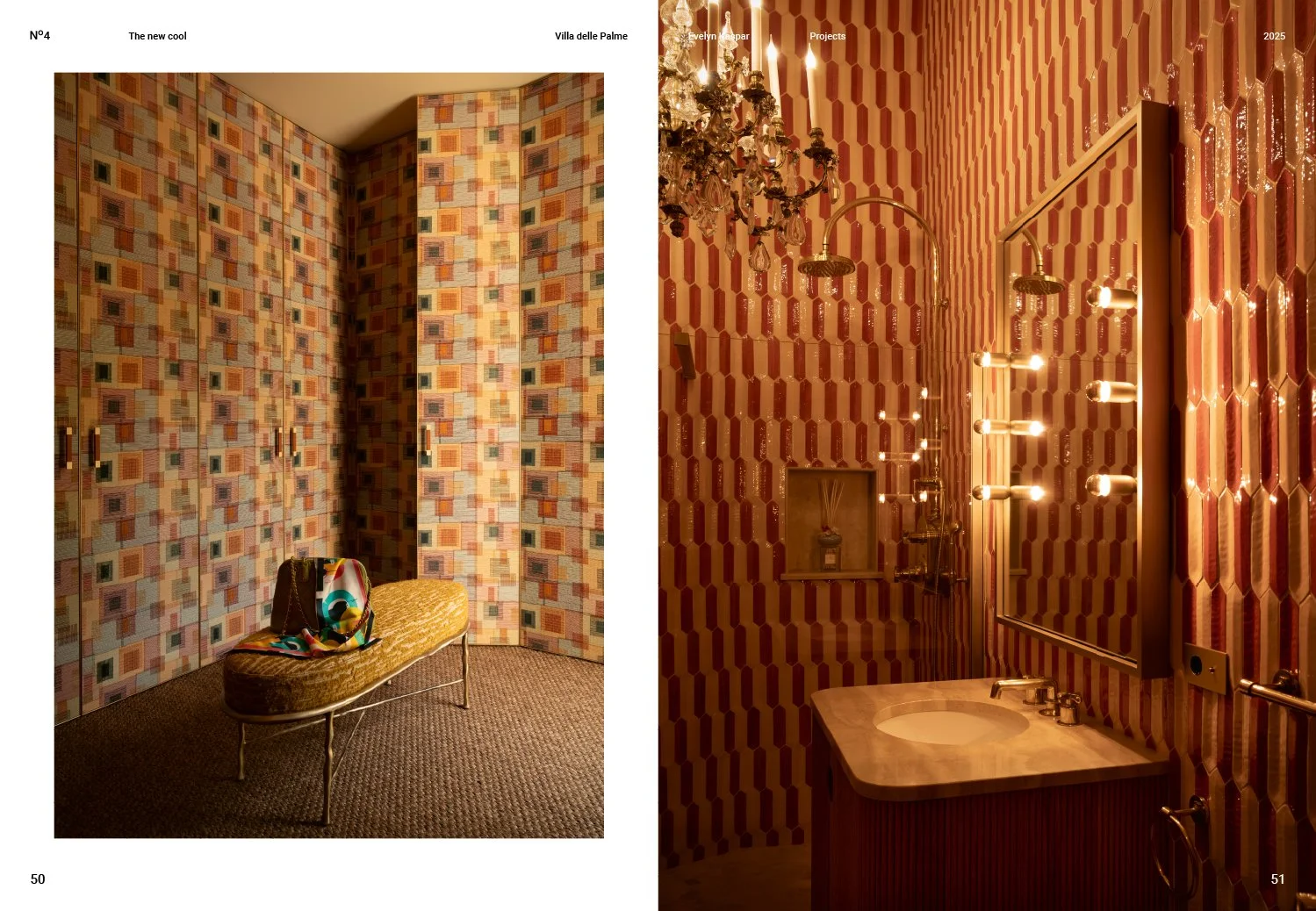 Photos of two interior spaces with vibrant, patterned wallpaper. The left image shows a room with colorful geometric wallpaper, a bench, and a bag. The right image displays a bathroom with red and pink geometric patterned wallpaper, a chandelier, a s