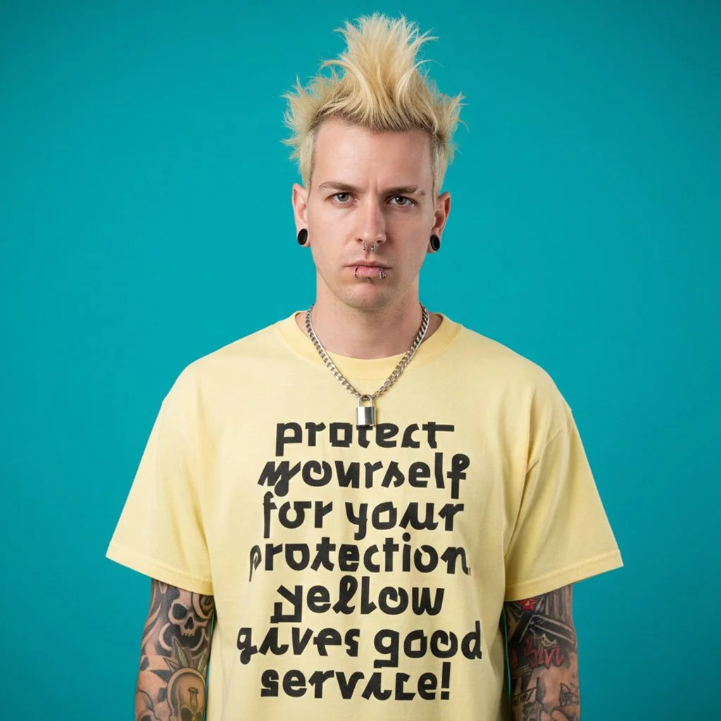 A young man with platinum blonde spiky hair wearing a yellow T-shirt with black bold text that reads 'protect yourself for your protection, yellow gives good service!' and tattoos on both arms, standing against a teal background.