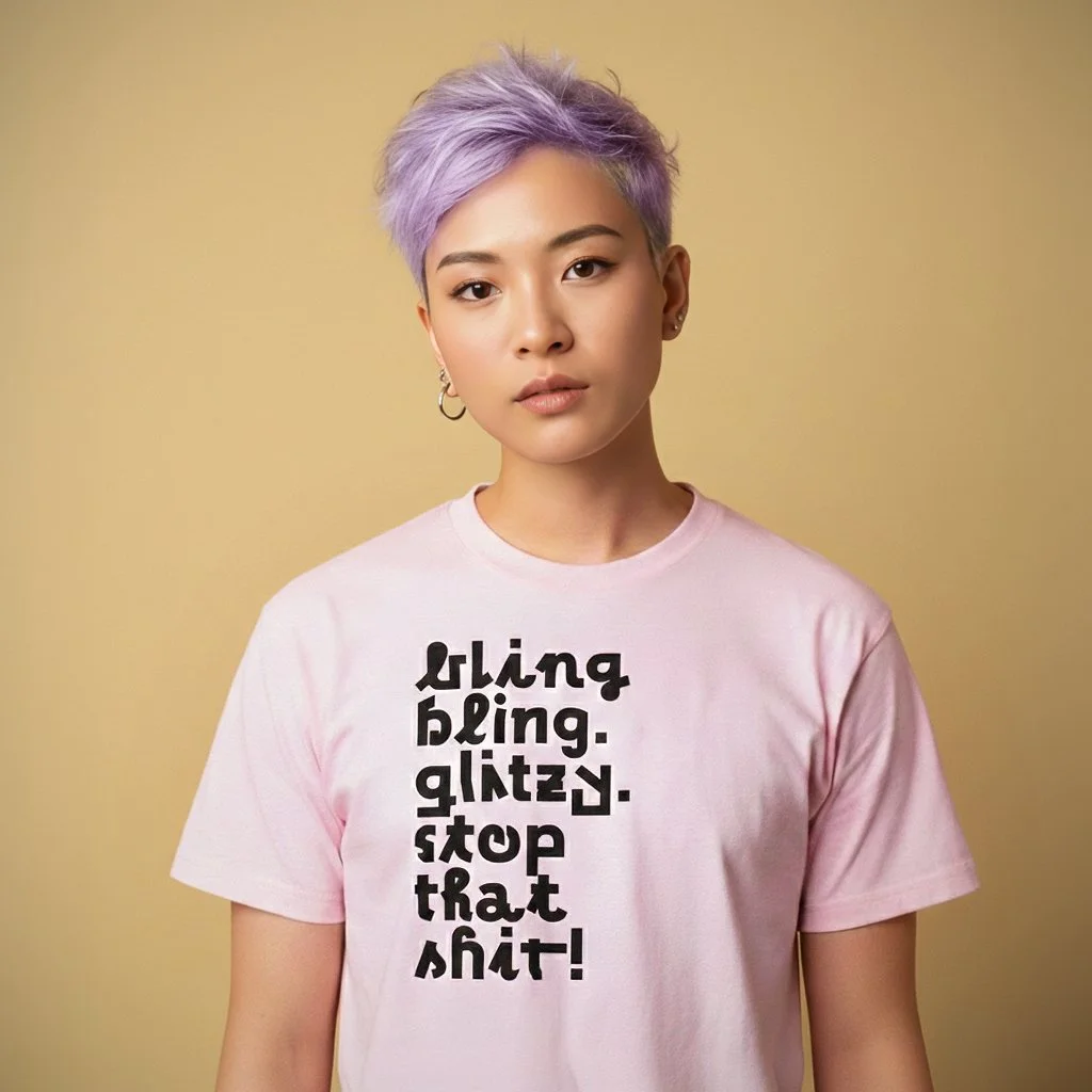 Young woman with short, lavender hair wearing a pink T-shirt with black text against a beige background.