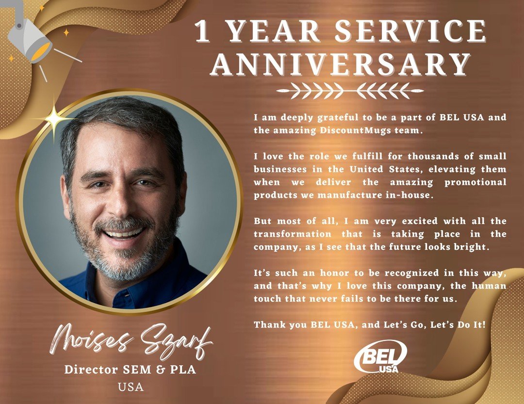 Here's to marking a year filled with dedication, progress, and significant milestones! 

Today, we pay tribute to Moises Szarf, our esteemed Director of SEM &amp; PLA, for his journey with our team. Here's to reaching countless more milestones togeth