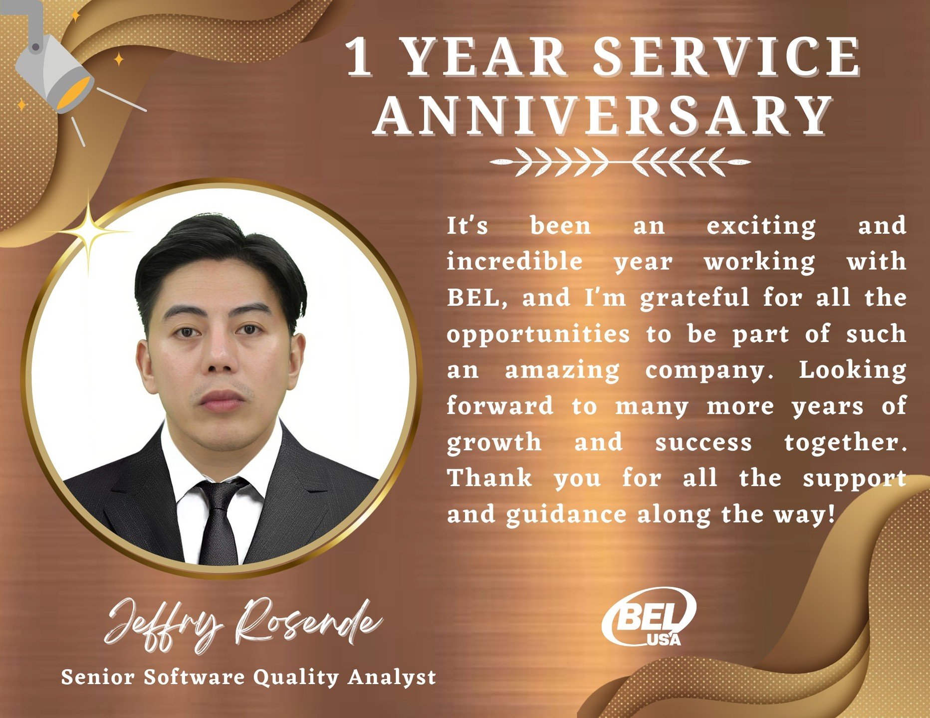 Join us in celebrating Jeffry Rosende&rsquo;s first anniversary at BEL. Over the past year, he has been an integral part of our team, demonstrating exceptional skill and dedication.

We are so grateful to have Jeffry with us and are excited about wha
