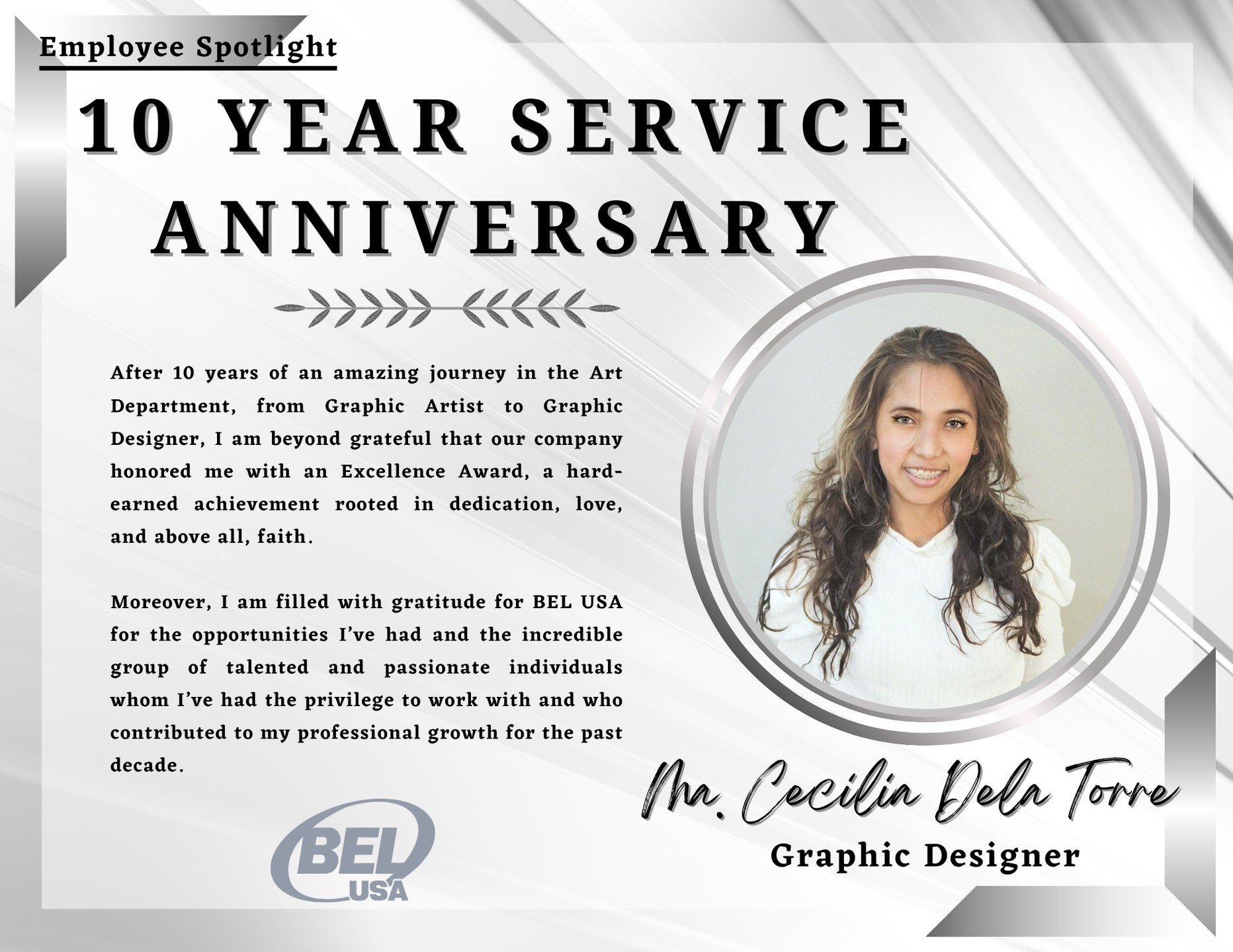 Join us in celebrating a decade of dedication and excellence! 🎉 Today, we're proud to celebrate four incredible individuals who've been with BEL for 10 amazing years!

🌟 Let's hear it for:
&bull; Ma Cecilia Dela Torre &ndash; Graphic Designer
&bull