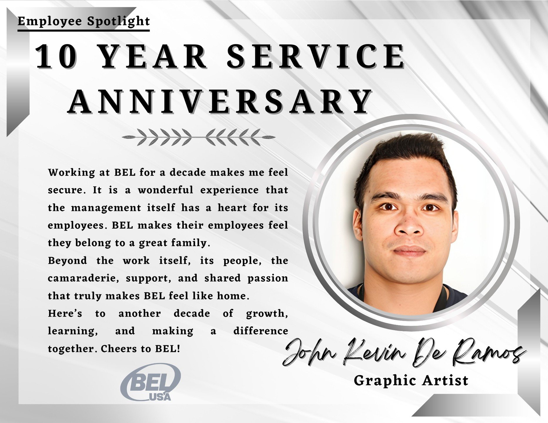 Today, we're celebrating a decade of dedication and excellence!

Our incredible team member John Kevin De Ramos, has completed 10 amazing years with us, and we couldn't be more proud and grateful for his hard work, passion, and commitment.

Here's to